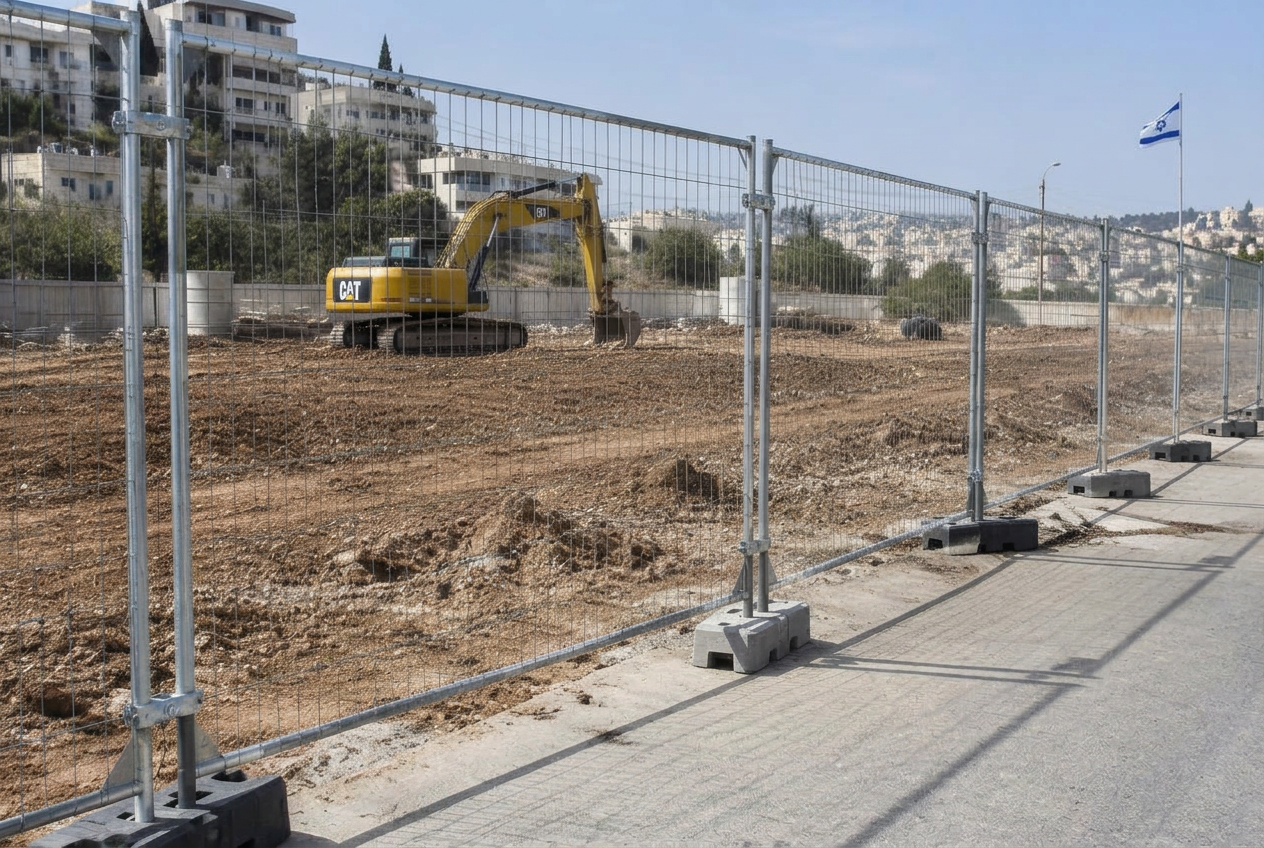 פאנלים של גדר רשת זמנית על בסיסים סביב מגרש עם מחפר